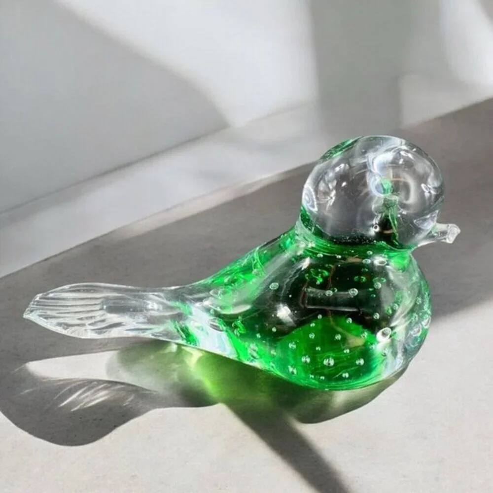Vintage Italian Art Glass Green Bird Figurine With Small Bubbles Polished Bottom